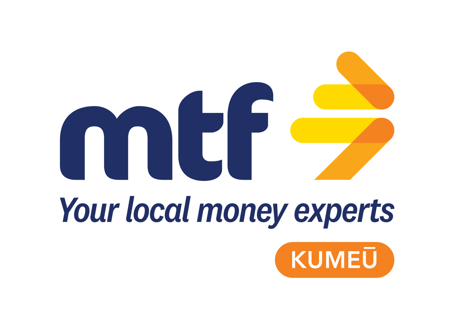 Logo of MTF with text 'Your local money experts' and 'KUMEŏu' on a white background
