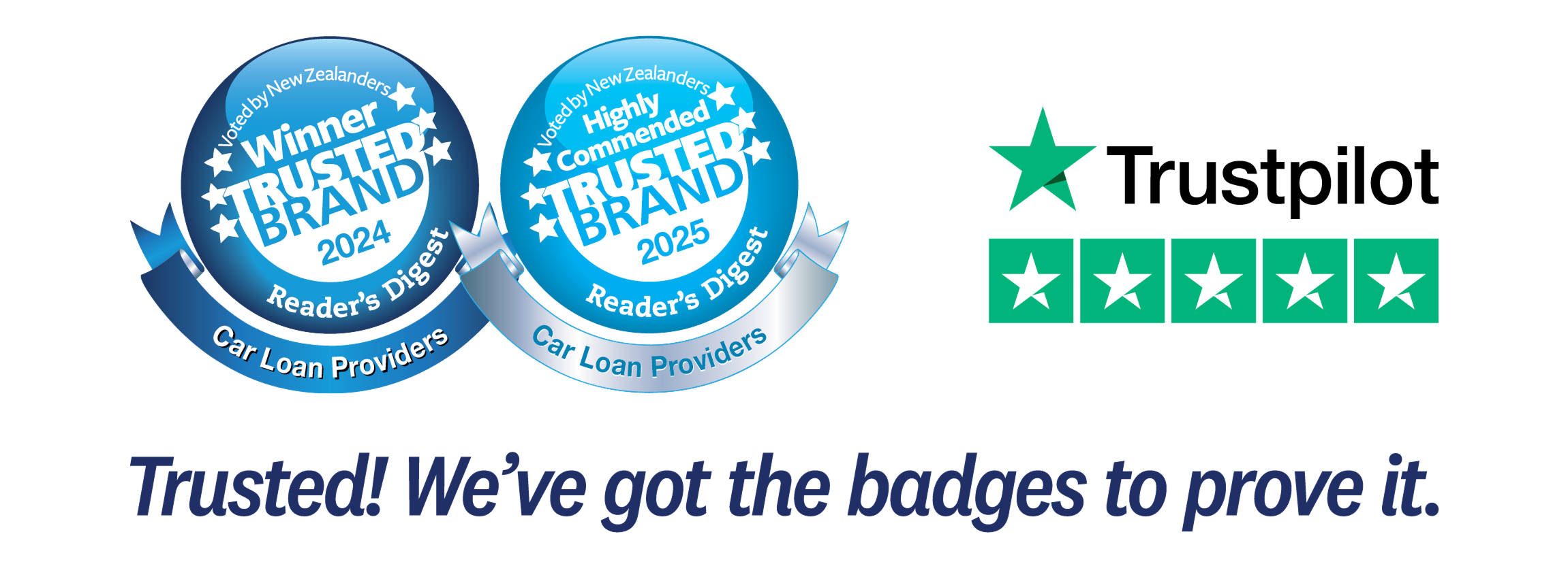 Trustpilot badges for 'Winner Trusted Brand' and 'Highly Commended' with five-star rating on a white background.